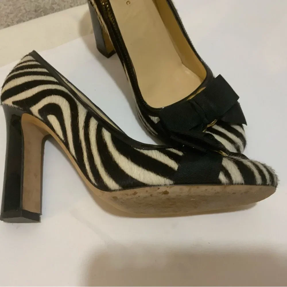 ♠️ Kate Spade Leopard Heels Pumps Round Toe Heel Ribbon Total Pattern 7B